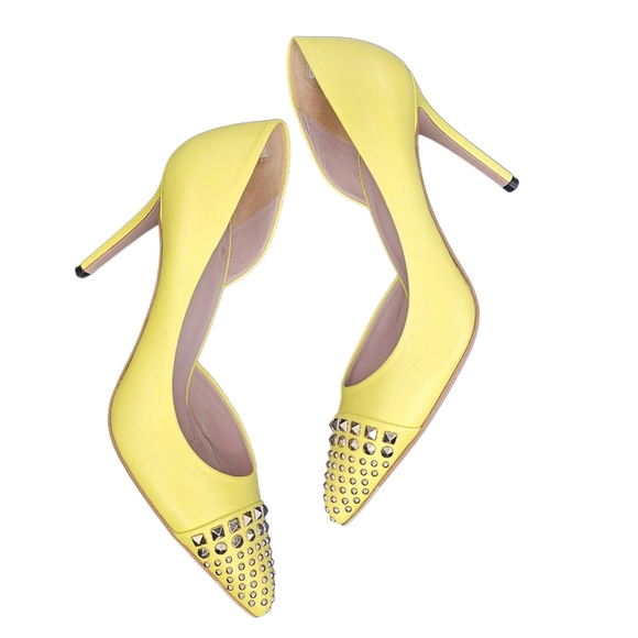 GUCCI Studded Captoe D'Orsay Pumps In Soft Yellow Leather - Picture 2 of 12